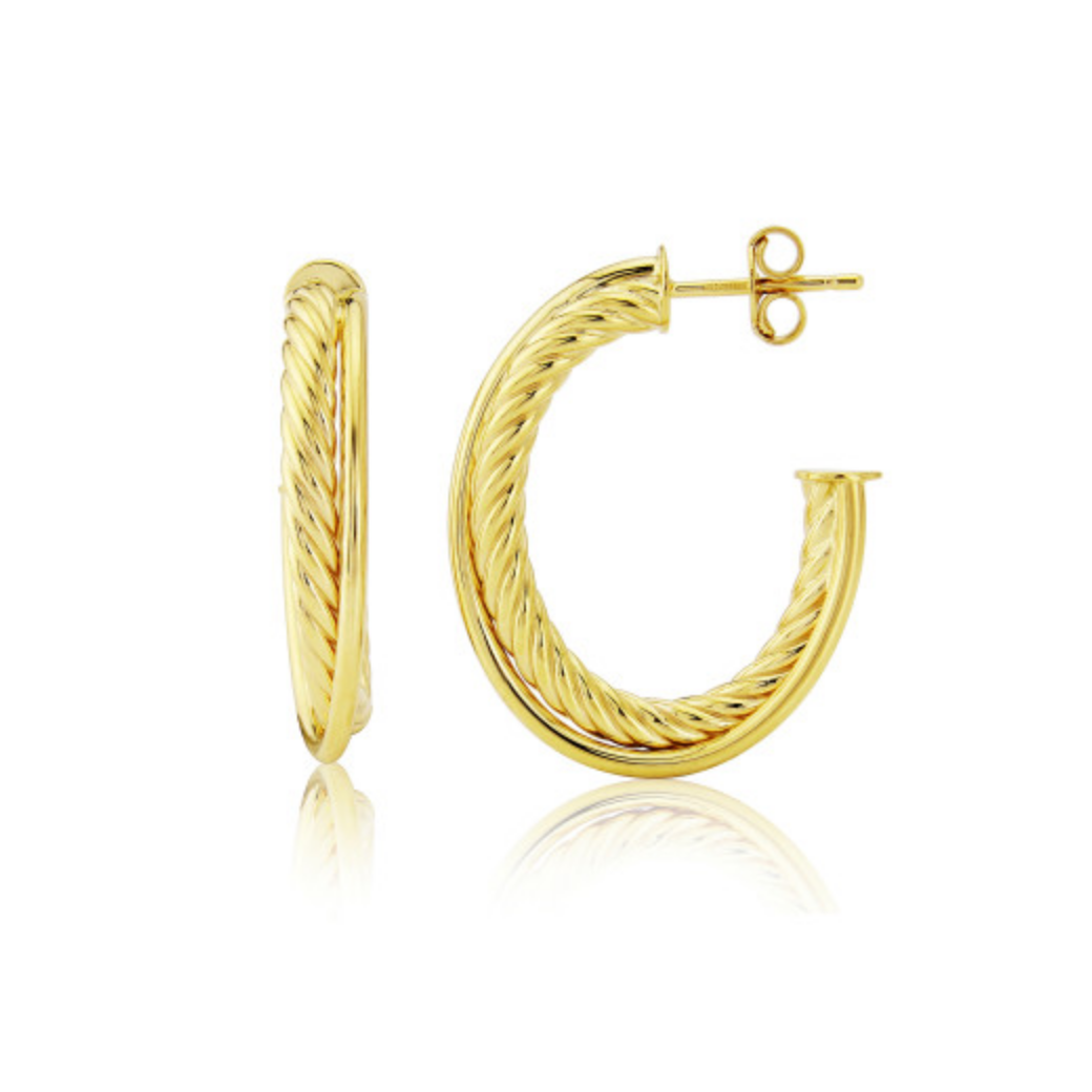 9ct Yellow Gold Rope and Plain Texture Crossover Earrings