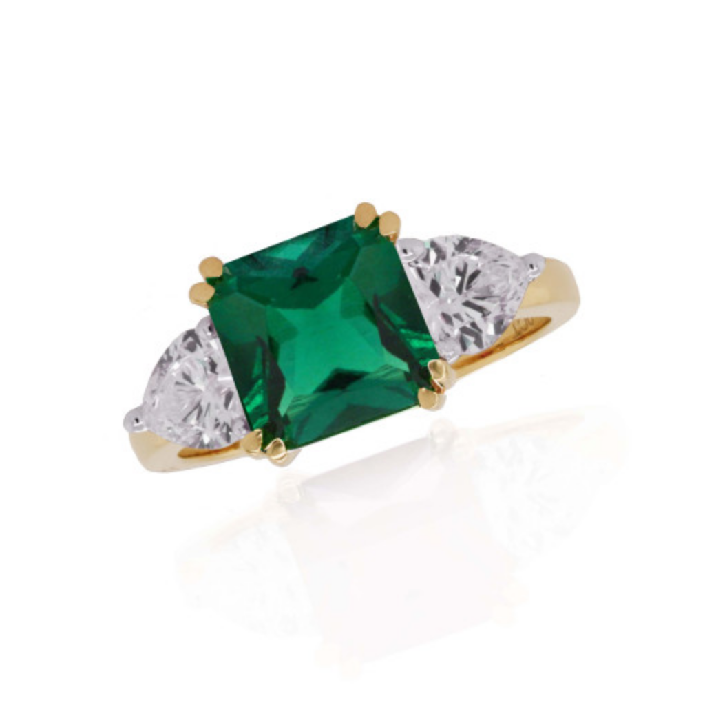 9ct Yellow Gold Created Emerald Asscher & Heart Cubic Zirconia Cut Ring