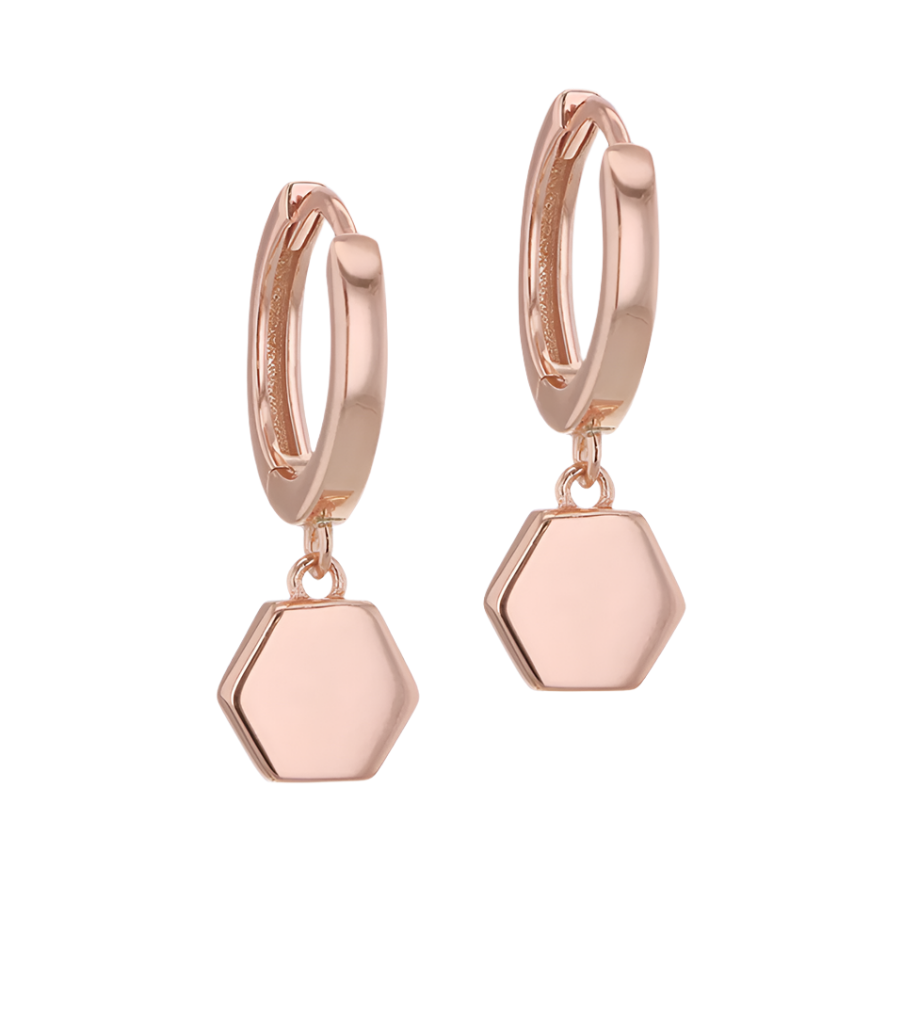 Sterling Silver Rose Gold Plated Hexagon and Hoop Creole Earrings