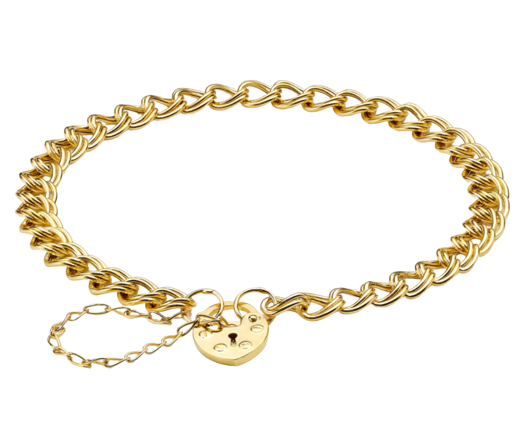 9ct Yellow Gold Double Hollow Panza and Heart Padlock Bracelet