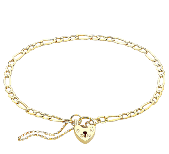 Yellow Gold Figaro Padlock & Safety Chain Bracelet