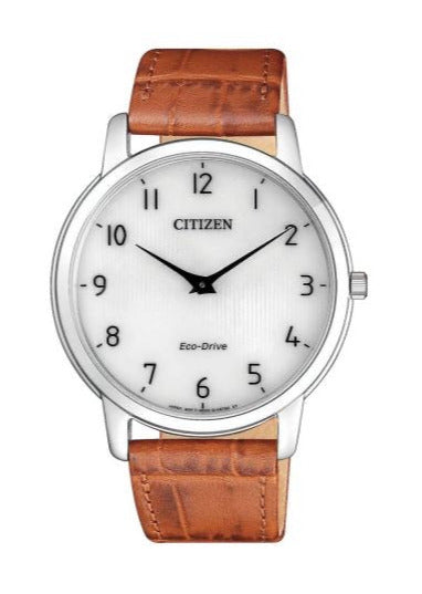Gents Citizen Eco Drive Stainless Steel Stiletto Brown Strap Watch