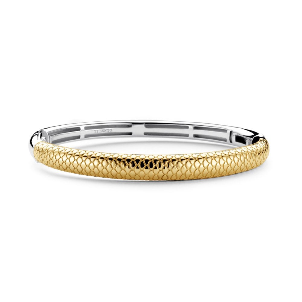 TI SENTO Silver Gold Plated Snake Skin Patterned Hinged Bangle