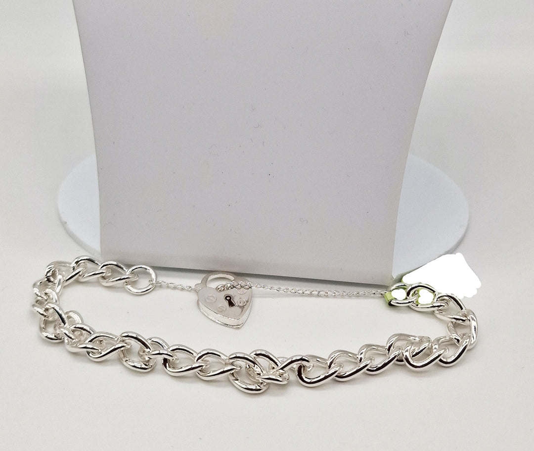 Sterling Silver Heart T-Bar Curb Chain Bracelet