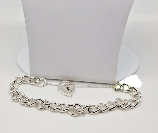 Sterling Silver Heart T-Bar Curb Chain Bracelet