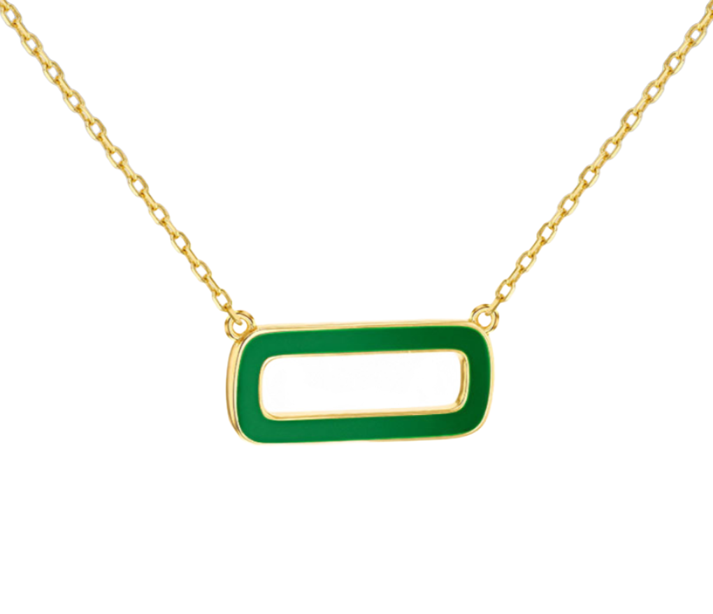 Sterling Silver Yellow Gold Plated Green Enamel Rectangle Frame Necklace