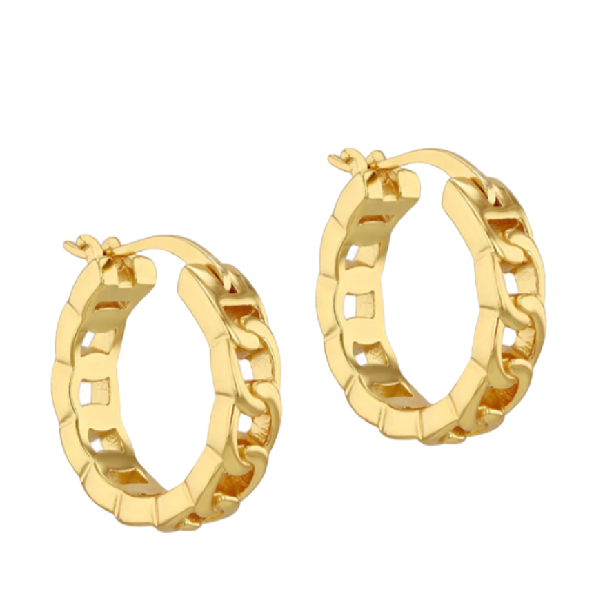 Sterling Silver Yellow Gold Plated 12.5mm Curb Chain Hoop Earrings