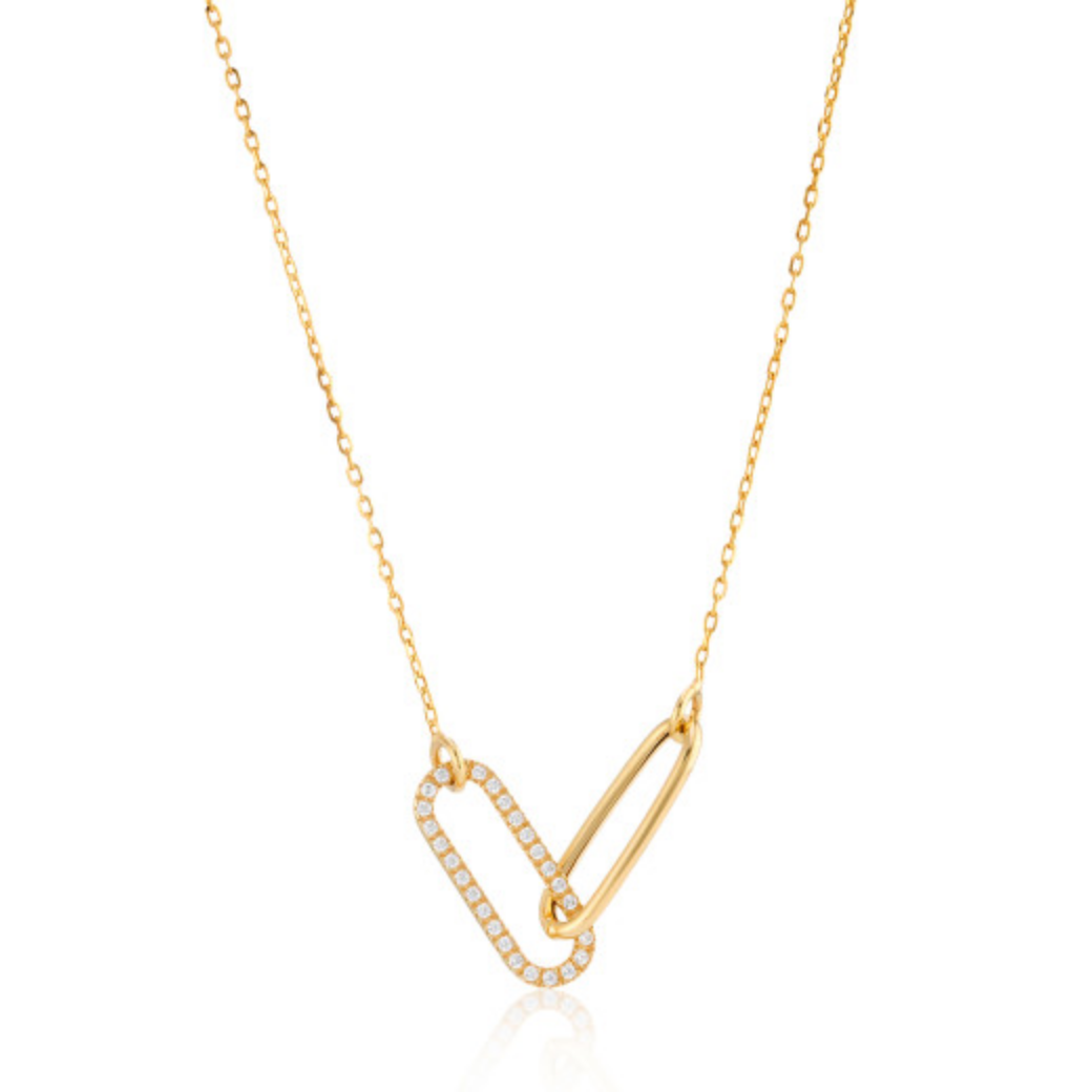 9ct Yellow Gold Double Link Cubic Zirconia & Plain Necklace
