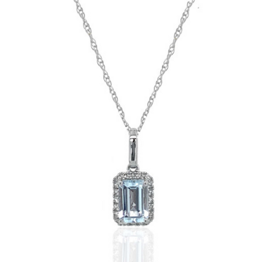 9ct White Gold Diamond and Aquamarine Pendant Necklace