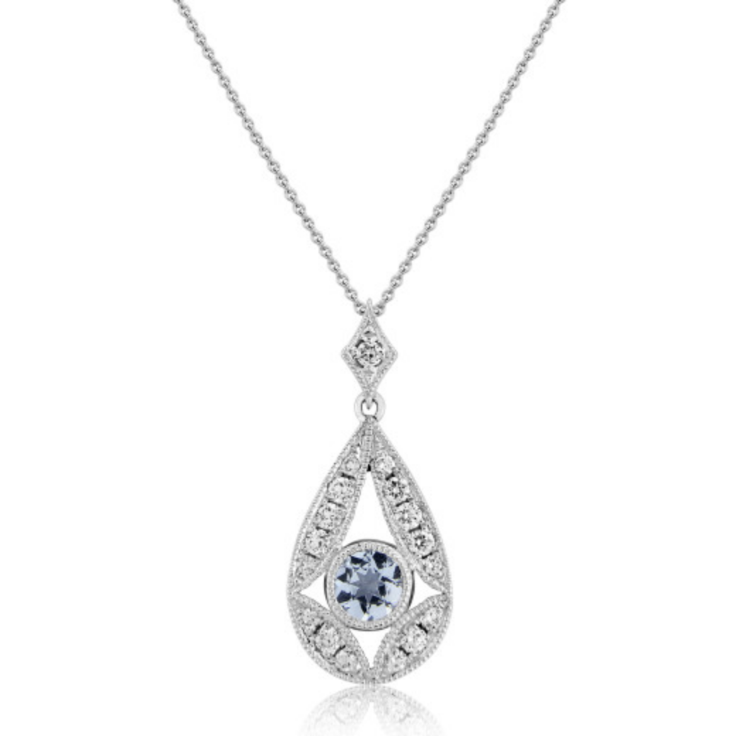 9ct White Gold Aquamarine & Diamond Teardrop Pendant Necklace