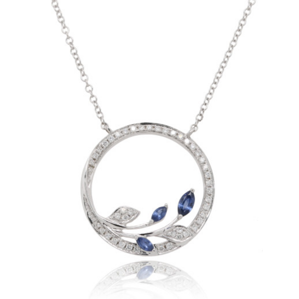 9ct White Gold Diamond & Sapphire Leaf Pendant Necklaces