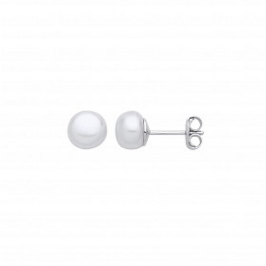 Silver Earrings with 7 - 7.5mm White Button Shape Fresh Water Pearl