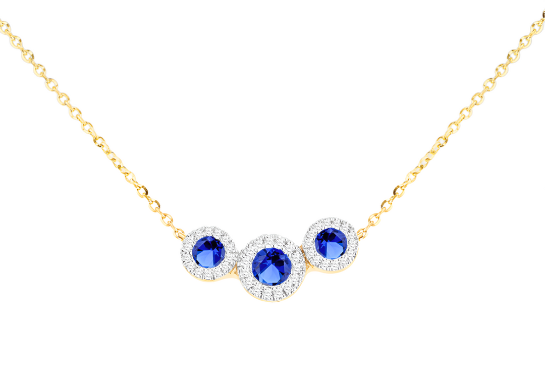 9ct Yellow Gold Trinity Pendant with Lab Sapphires and Diamonds Necklace