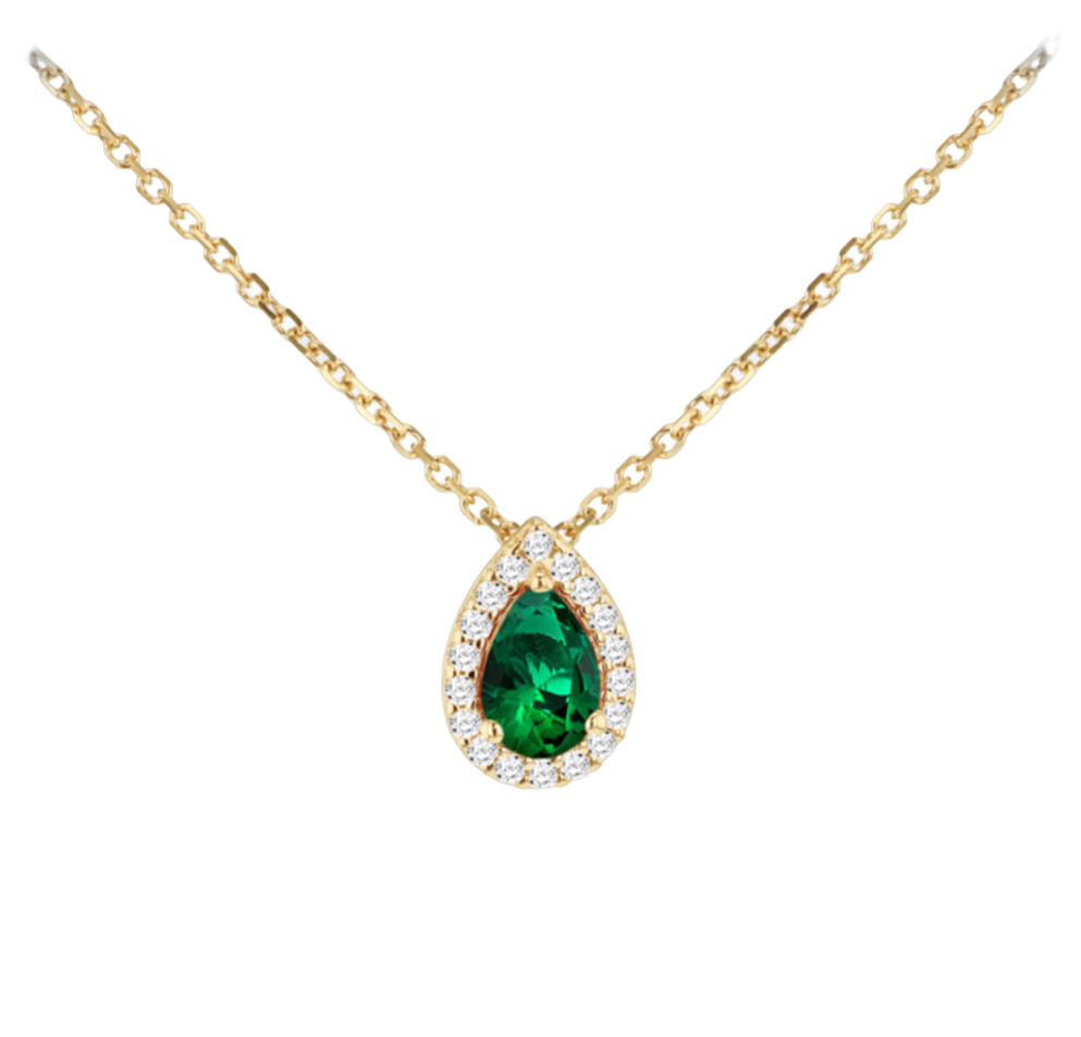 9ct Yellow Gold Green Pear Shape CZ Halo Necklace