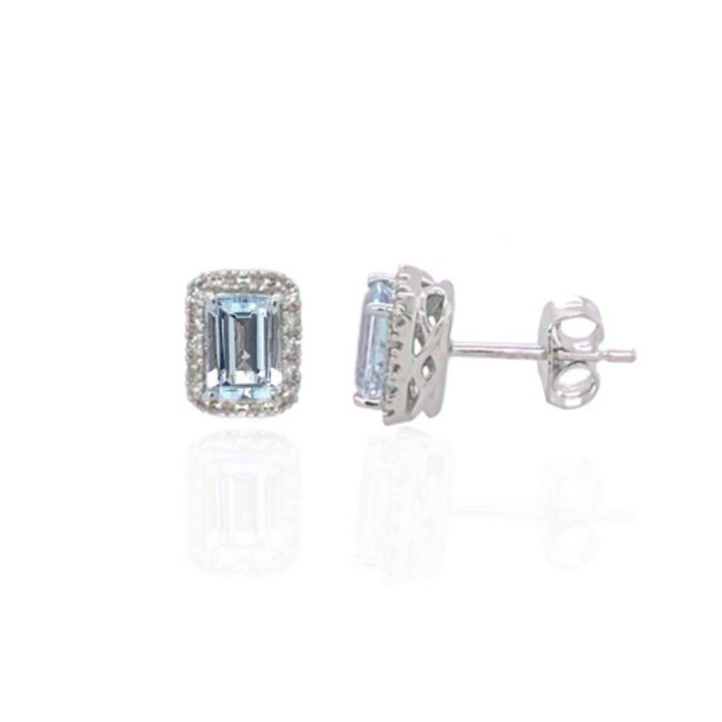 9ct White Gold Diamond and Aquamarine Earrings
