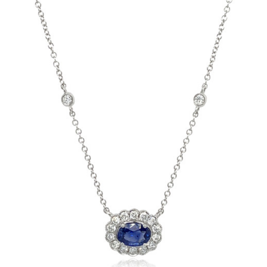 9ct White Gold Diamond Oval Scallop Sapphire Necklace