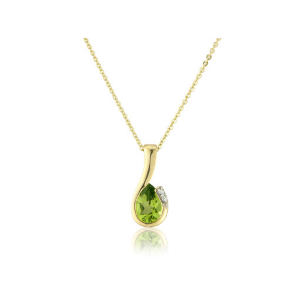 9ct Yellow Gold Peridot & Diamond Curl Pendant Necklace