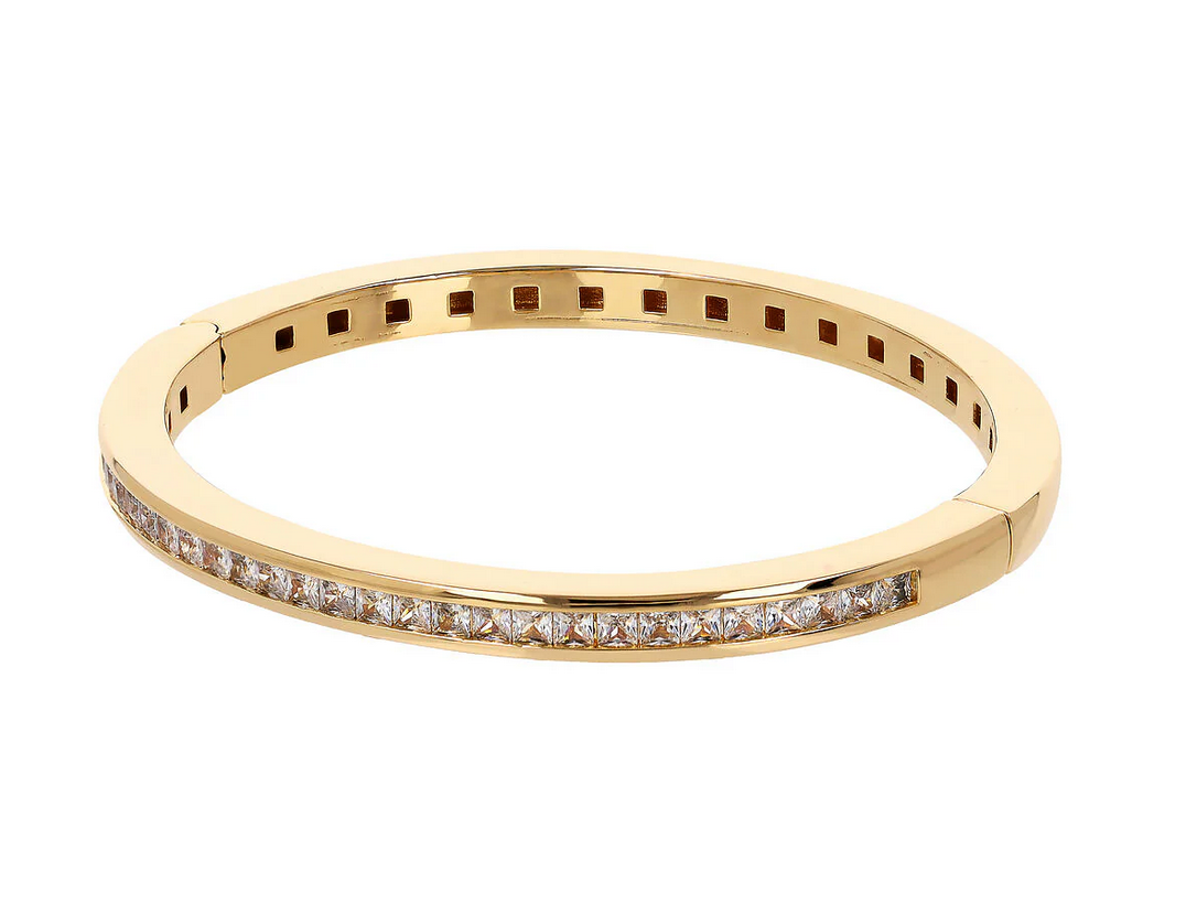 Golden Rigid Bracelet with Princess Cut Square Cubic Zirconia