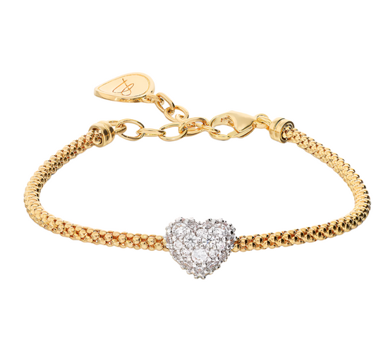 Golden Popcorn Link Bracelet with Heart in Cubic Zirconia Pavé