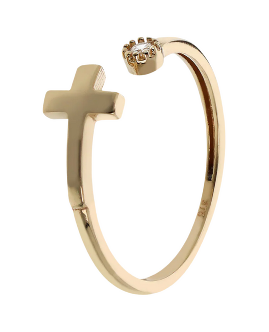Contrarié 375 Gold Ring with Cross and Light Point in Cubic Zirconia