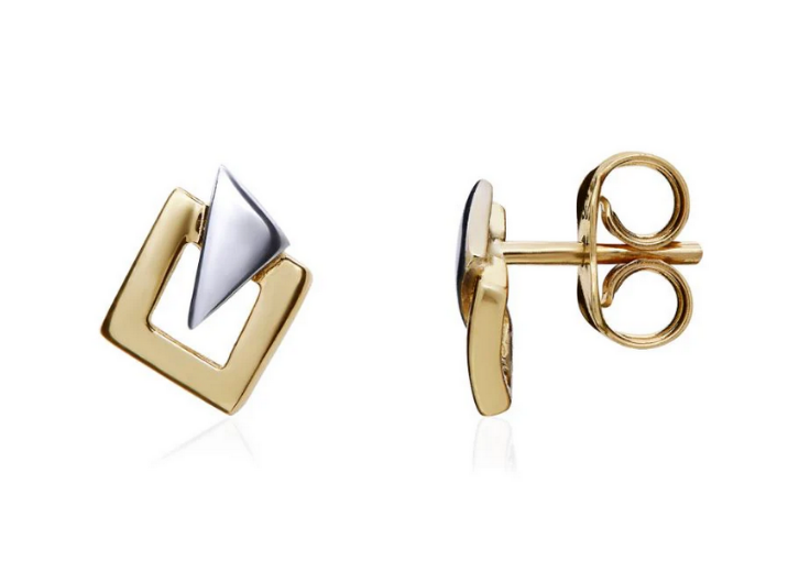 9ct Two Tone White & Yellow Gold Square & Triangle Stud Earrings