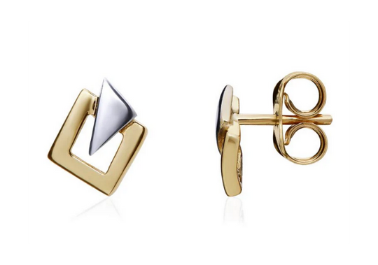 9ct Two Tone White & Yellow Gold Square & Triangle Stud Earrings