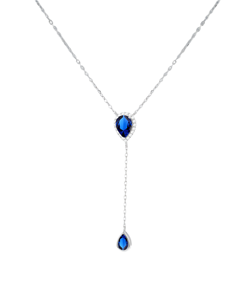Sterling Silver Rhodium Plated Blue and White CZ Teardrop Adjustable Lariat Necklace