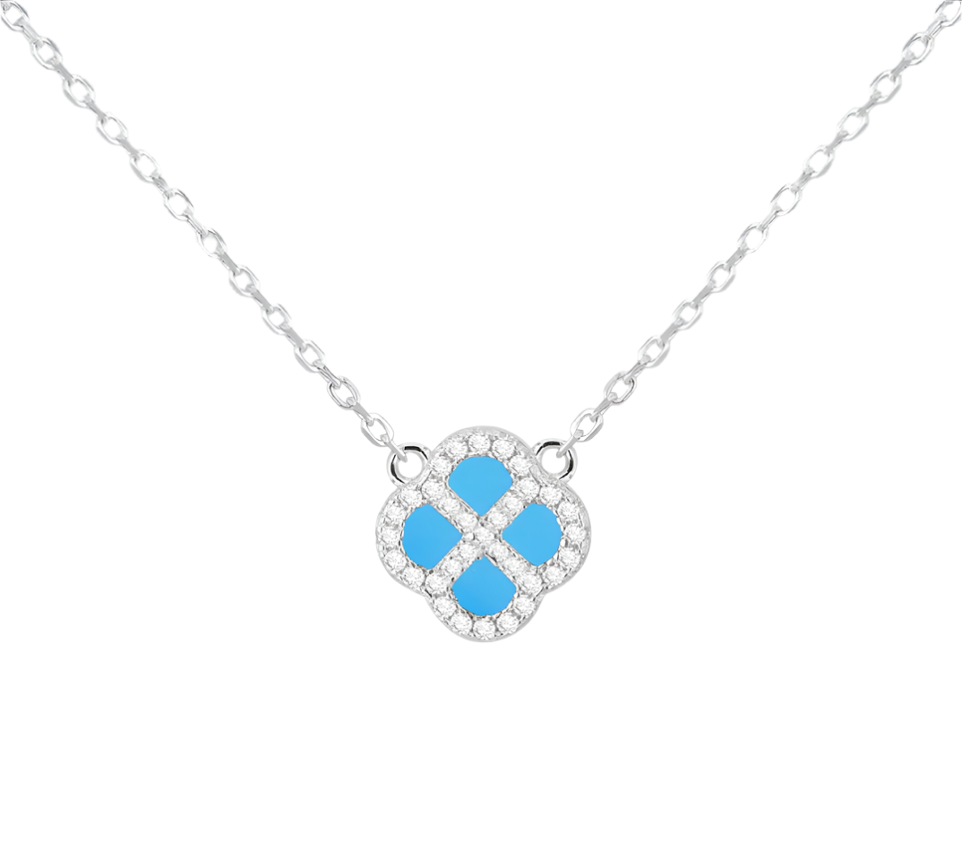 Sterling Silver Rhodium Plated Clover Synthetic Turquoise and White CZ Adjustable Necklace