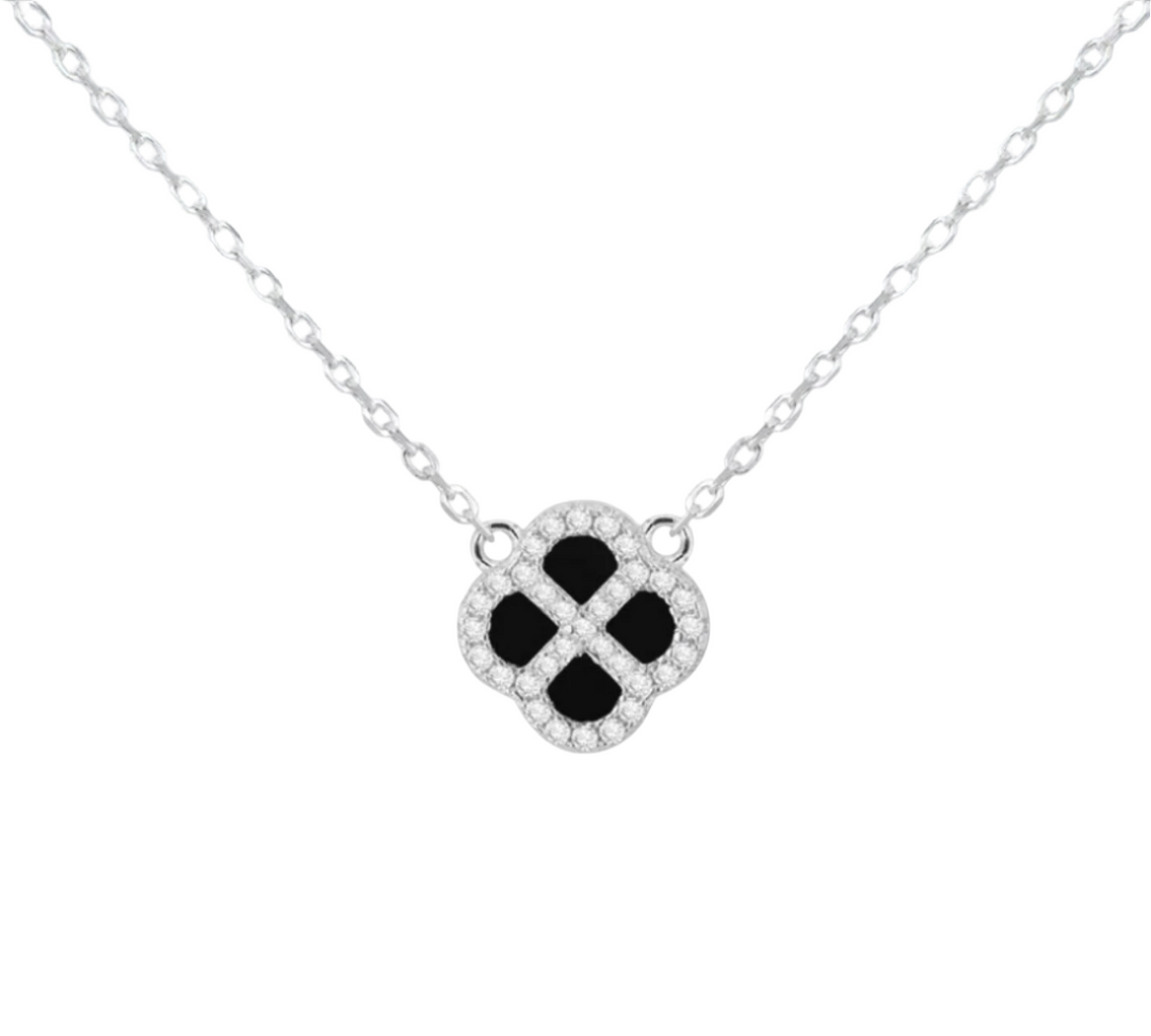 Sterling Silver Rhodium Plated Clover Black Agate and White CZ Adjustable Necklace