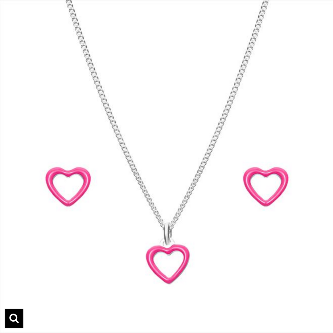 Steling Silver Girls Heart Earrings and Necklace Set