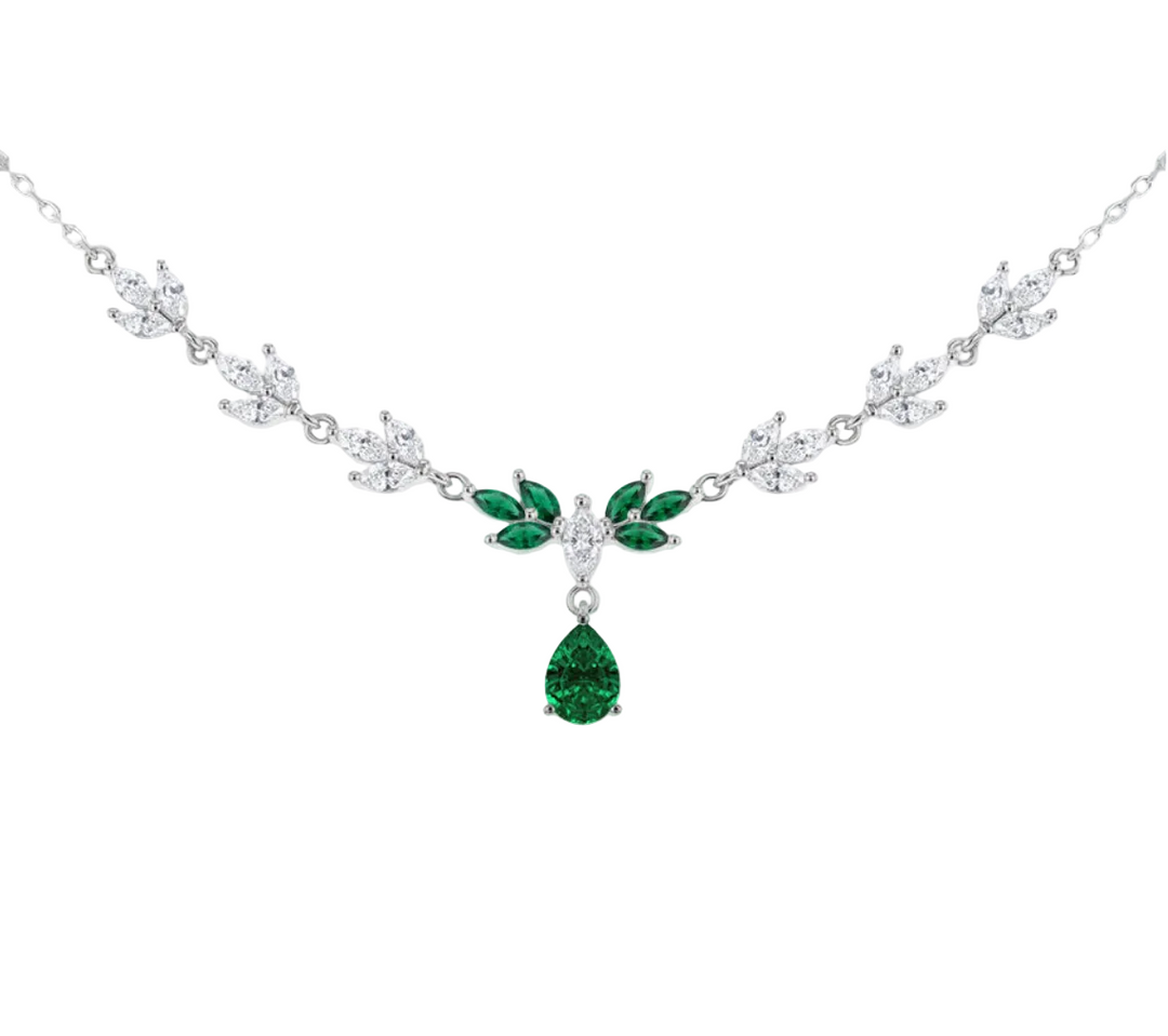 Sterling Silver Rhodium Plated White Marquise CZ and Marquise Green Glass Necklet