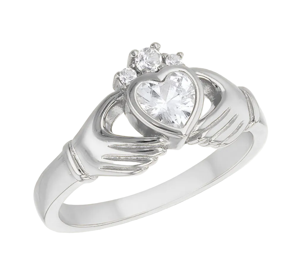 Sterling Silver Rhodium Plated Heart CZ Claddagh Ring