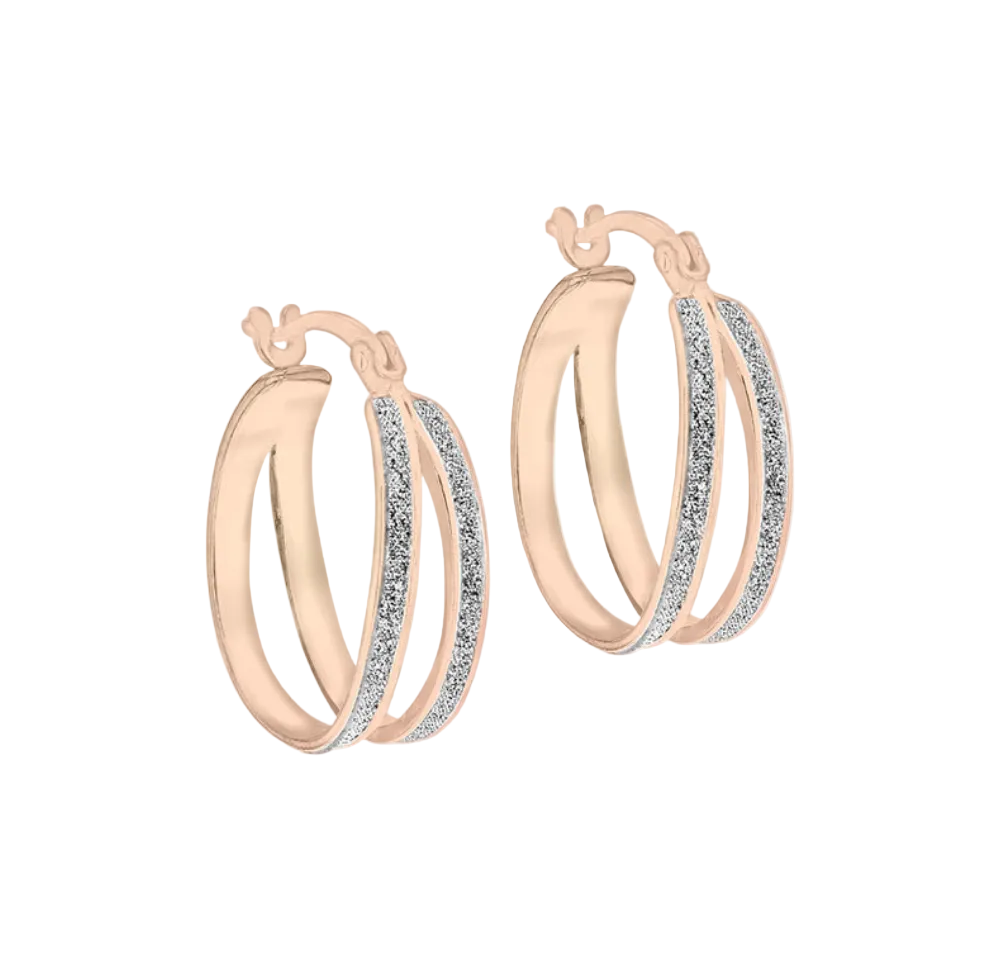 Sterling Silver Rose Gold Plated White Stardust Double Hoop Creole Earrings
