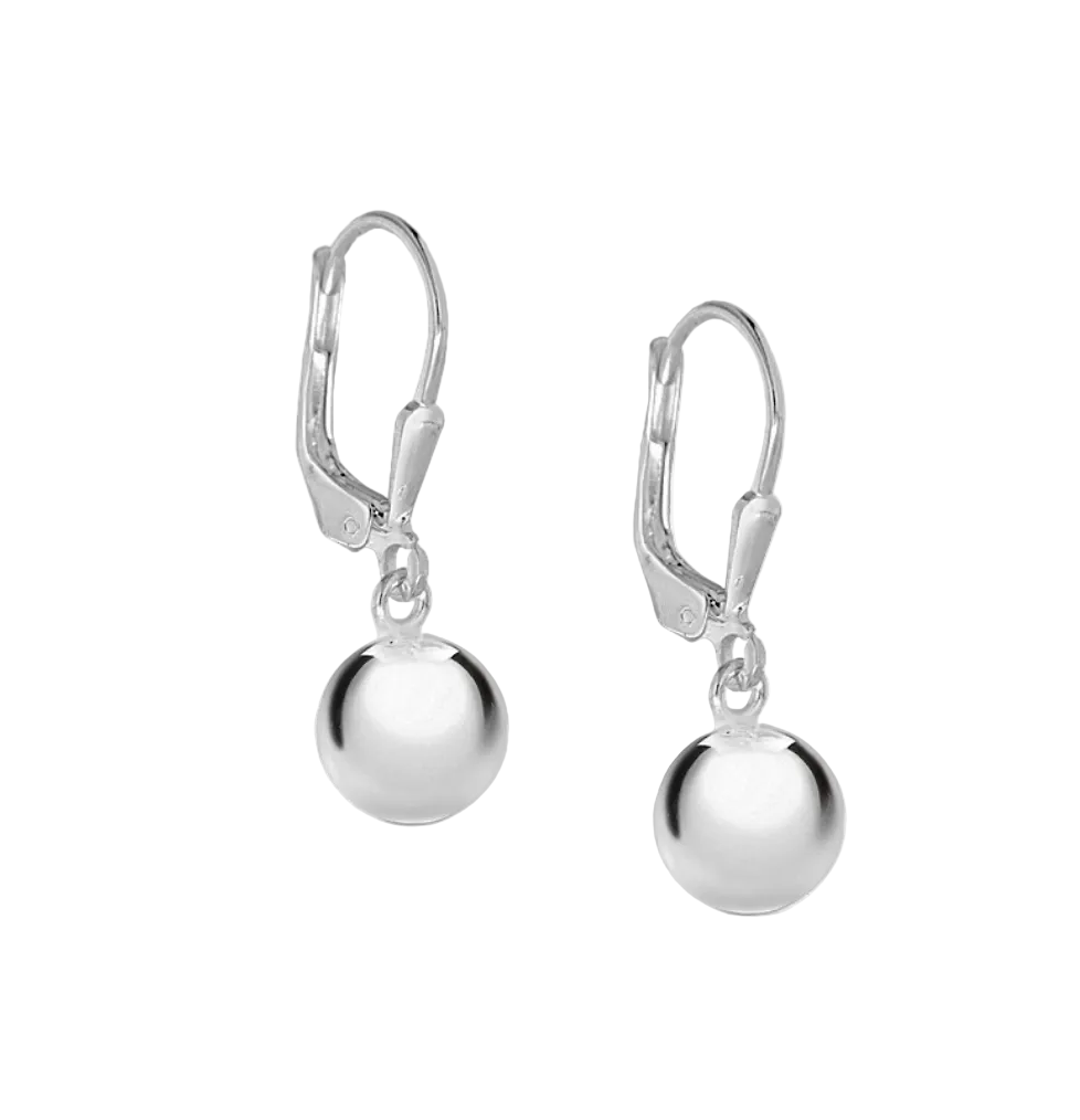 Sterling Silver Round Ball Lever Back Drop Earrings