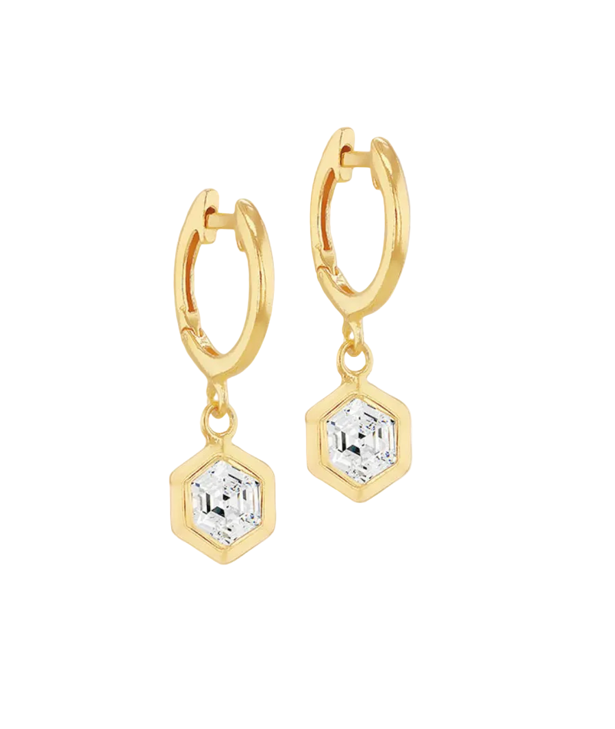 Sterling Silver Yellow Gold Plated Hexagon CZ Huggy Earring