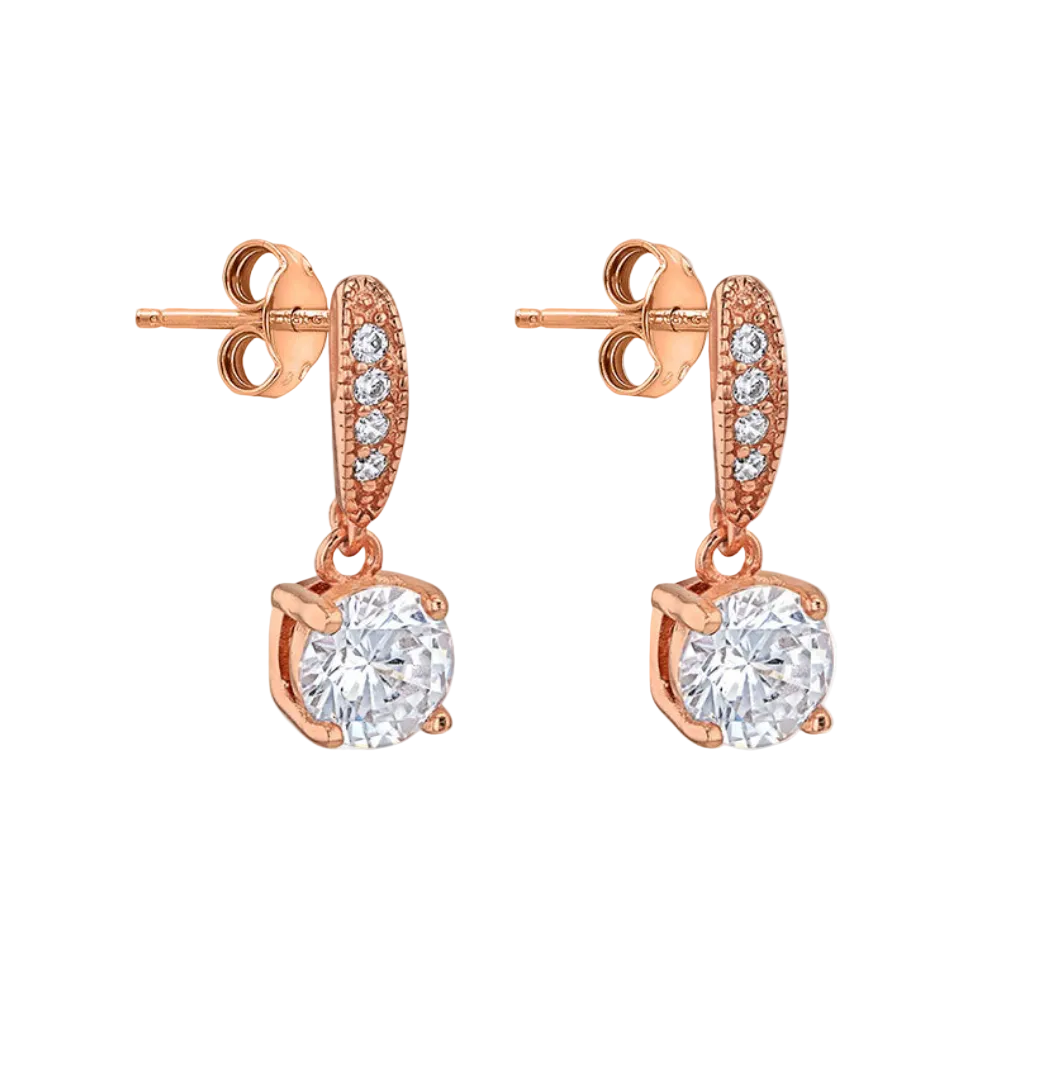 Sterling Silver Rose Gold Plated Round CZ Drop Earring