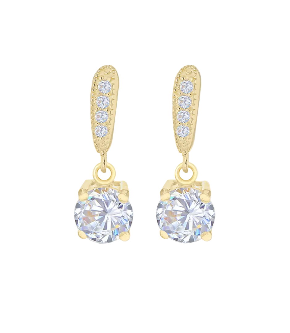 Sterling Silver Yellow Gold Plated Round CZ Drop Earrings