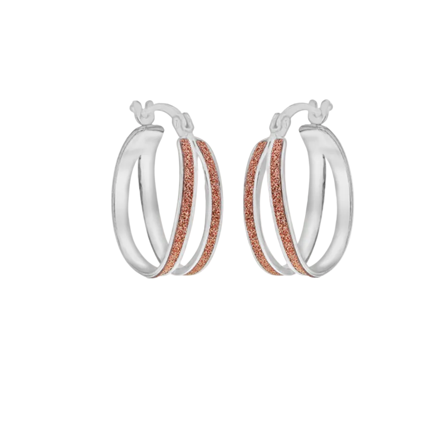 Sterling Silver Rhodium Plated Rose Stardust Double Creole Earrings
