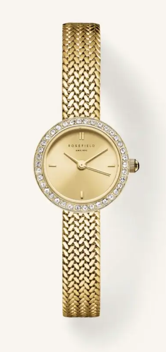 Rosefield Mini Small Edit Champagne Dial Crystal Gold Woven Mesh Strap