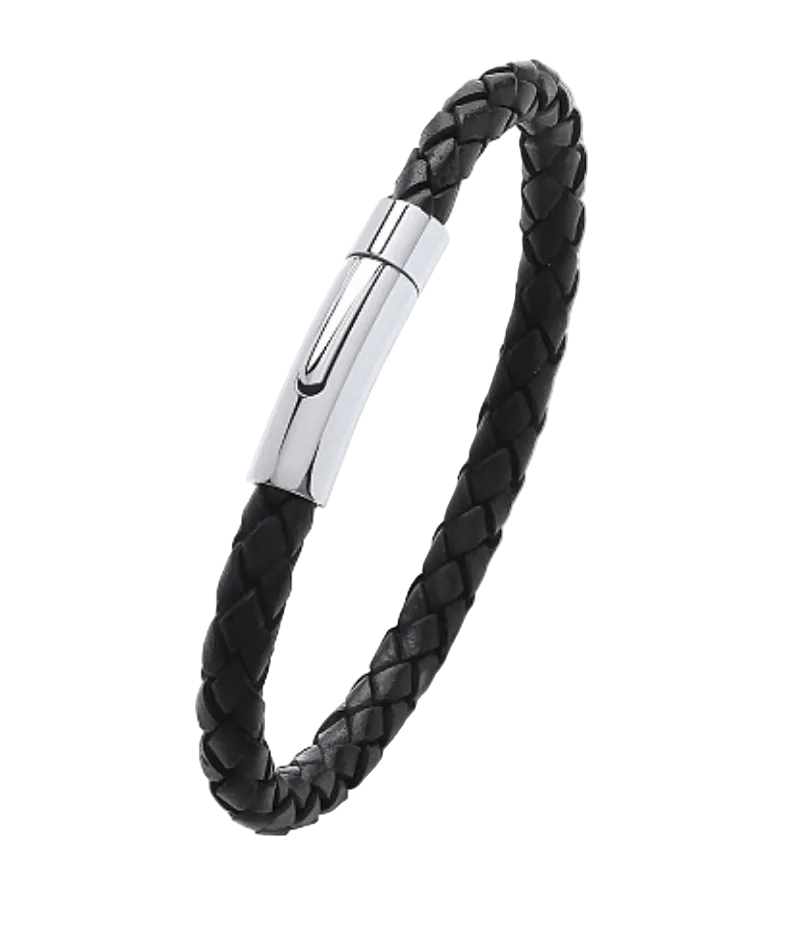 Gents Black Leather Bracelet With Steel Circular Clasp