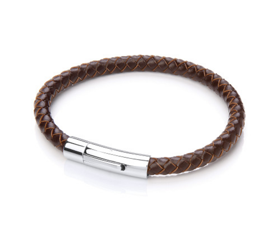 Gents Brown Leather Bracelet With Steel Circular Clasp