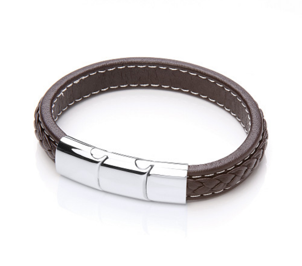 Gents Brown Leather Plait Bracelet With Steel Design Clasp