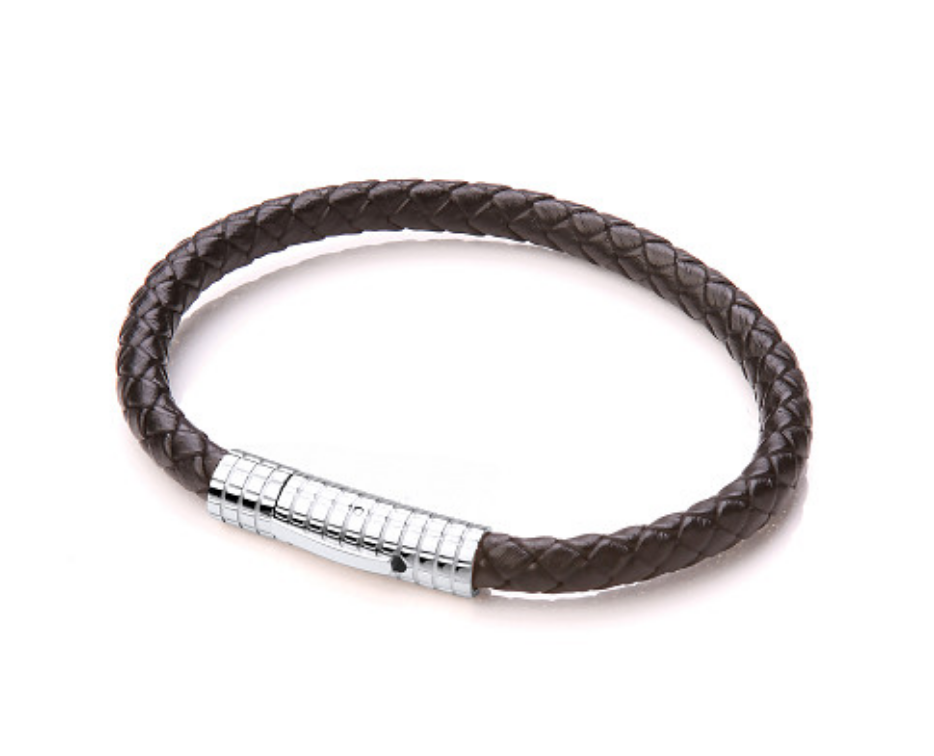 Gents Black Leather Plait Bracelet With Steel Design Clasp