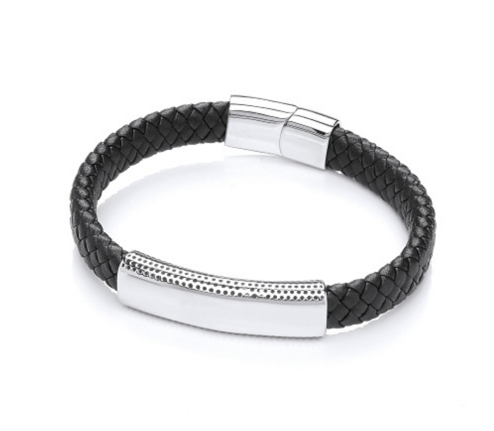 Gents Black Leather Plait Bracelet With Steel Design Clasp