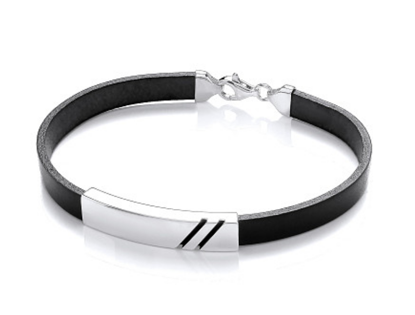 Gents Black Leather Bracelet With Silver Design Plate
