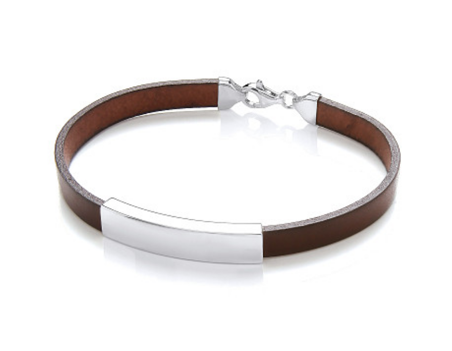 Gents Brown Leather Bracelet With Silver Design Plate