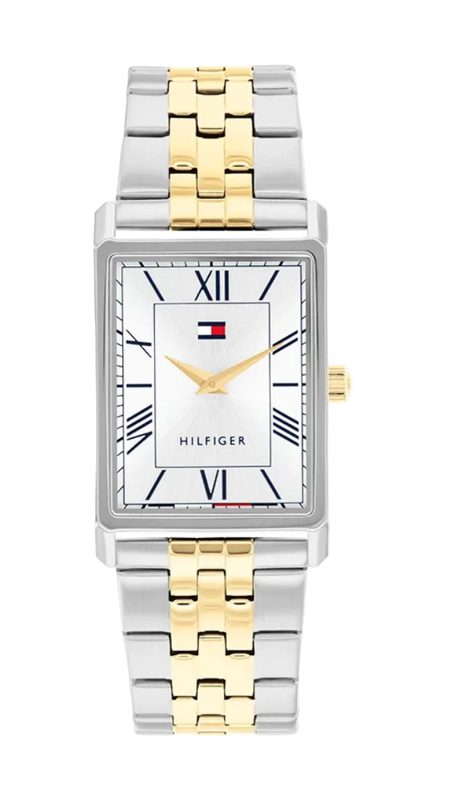 Tommy Hilfiger Gents Ben Rectangular Two Tone White Dial Watch