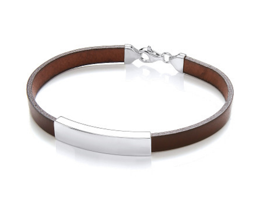 Gents Brown Leather Bracelet With Silver Design Plate