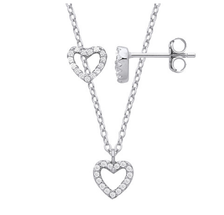 Silver CZ Heart Stud Earrings & Pendant Necklace Set