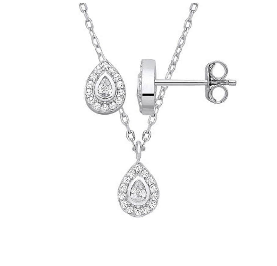 Silver CZ Tear Drop Earrings & Pendant Set